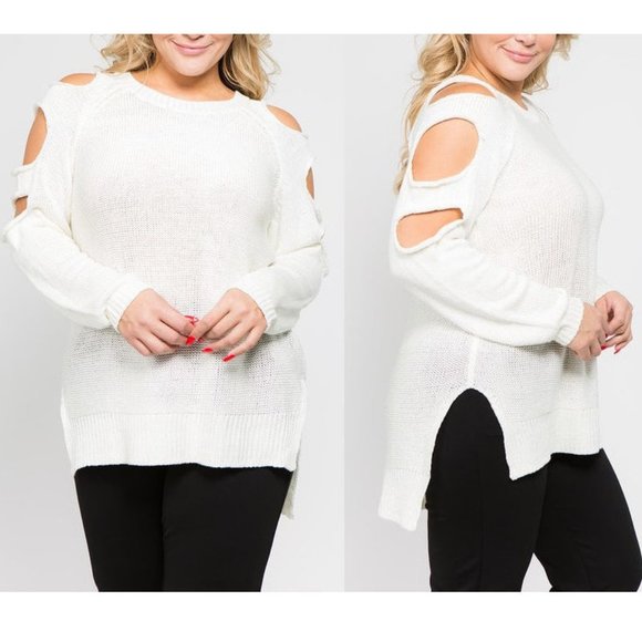 Sweaters - Plus Ivory Cut Out Cold Shoulder Sweater Tunic Top